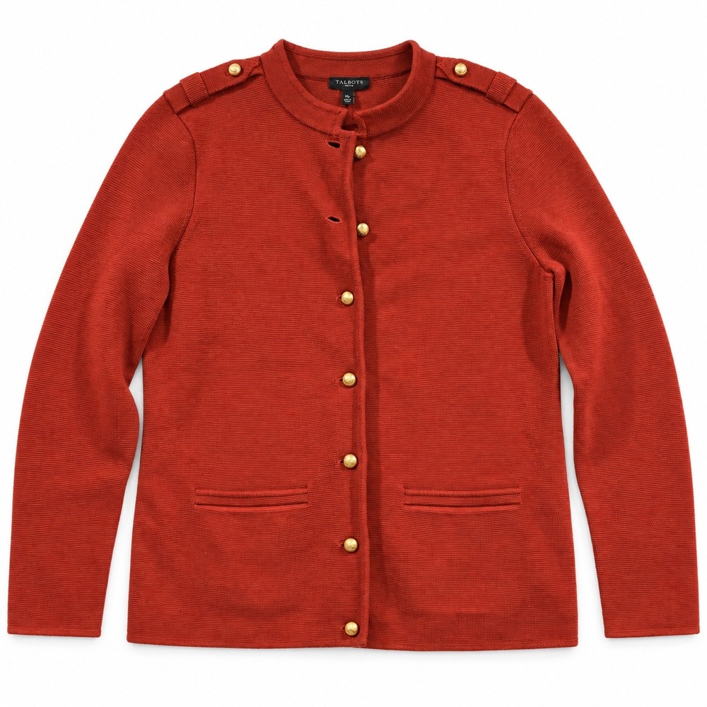 Talbots Cardigan Sweater Medium Petite Red Merino Lady Jacket Classic Timeless